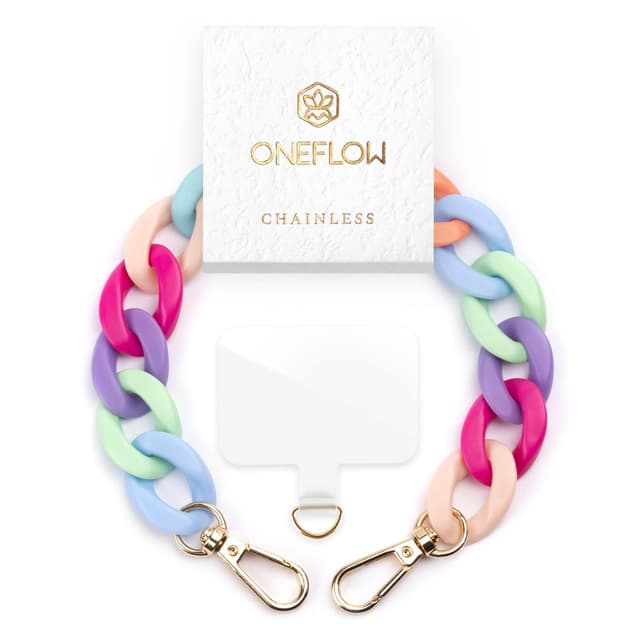 ONEFLOW Handyanhänger fürs Handgelenk, Universal Handykette kurz Handschlaufe, Handyband für Hüllen Abnehmbar, Anhänger Kette mit Karabiner für alle Handys, Chainless Urban Chain, Bunt Handyanhänger Tropical Splash