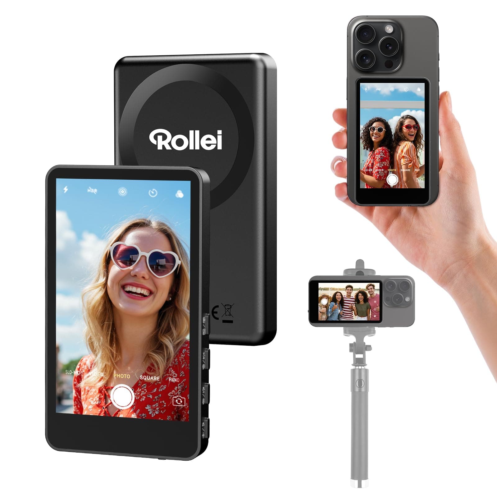 Rollei Easy Creator Selfie Monitor 3,97" Smartphone Rückkamera Magnetisch Vlog Bildschirm für iPhone und Android für TikTok Live Streaming Schwarz Smartphone-Vlog-Selfie-Monitor-Bildschirm