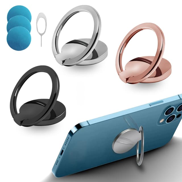 3 Stück Handy Ring, Mit 3 Eisenstücken +1 Kartenstift,360° Drehung Smartphone Ring für Magnetische, Ultradünner Ring Ständer für alle Smartphones (Schwarz+Silber+Roségold)