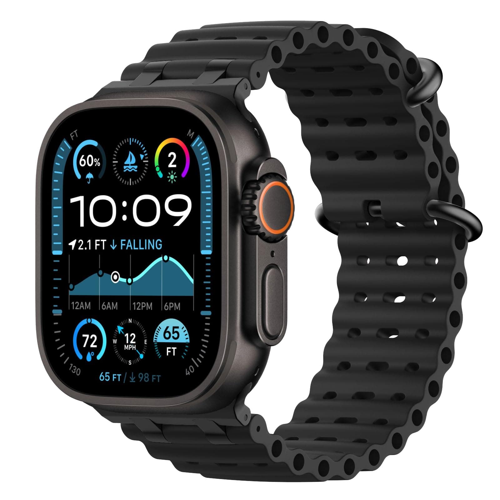 Astorgos Ocean Armband Kompatibel mit Apple Watch Ultra 3/2/1 49mm,S11/S10 46mm,9/8/7 45mm,SE3/SE2/SE/6/5/4 44mm,3/2/1 42mm, Metallanschluss Sport Uhrenarmband für Männer Frauen, Schwarz/Schwarz