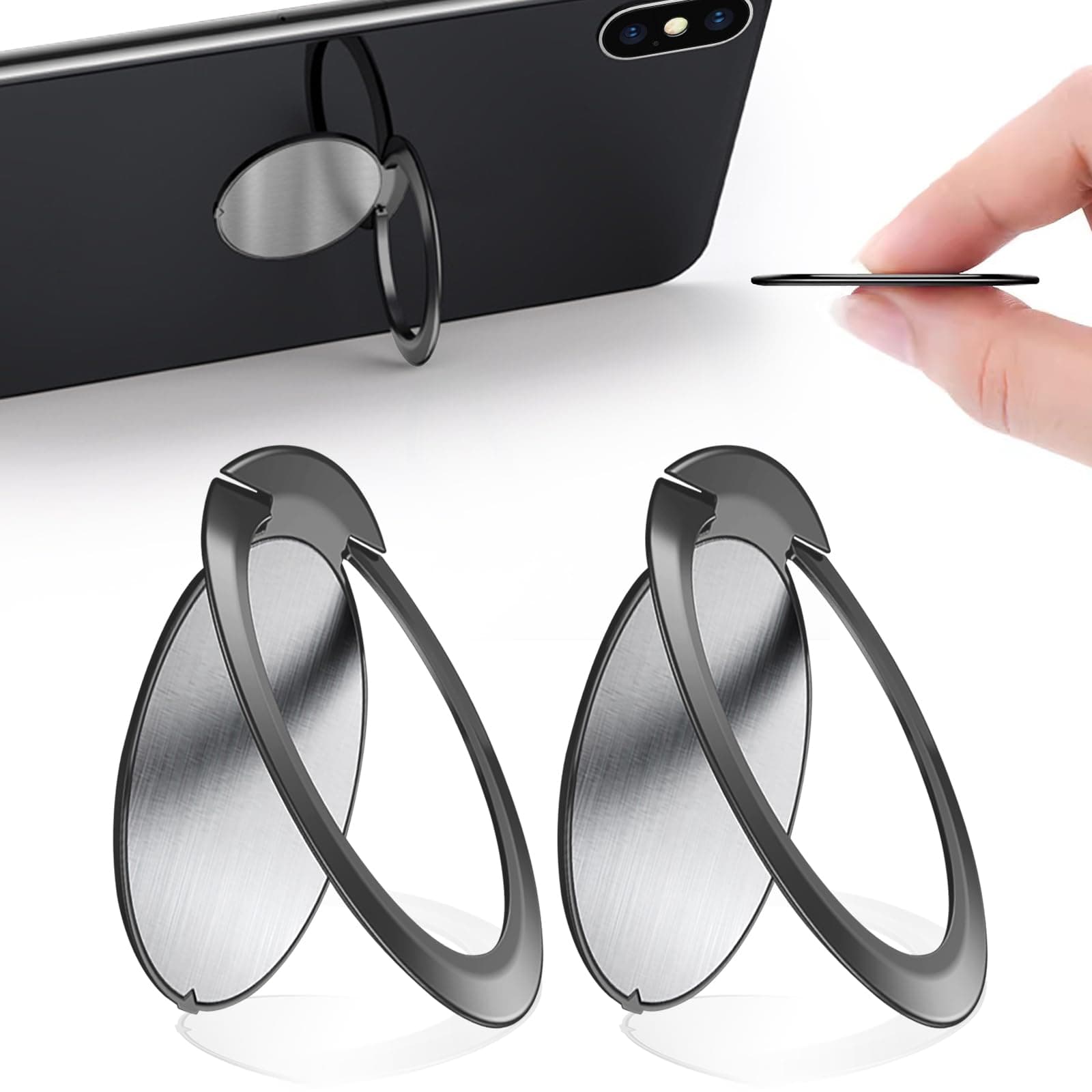 yuejuhe 2 Stück Handy Ring Halterung, 360 Grad Drehung 1,8 mm Ultradünner Ring Ständer, Handy Halterung Finger für Smartphone, Magnetische Autohalterung Dunkelgrau x 2