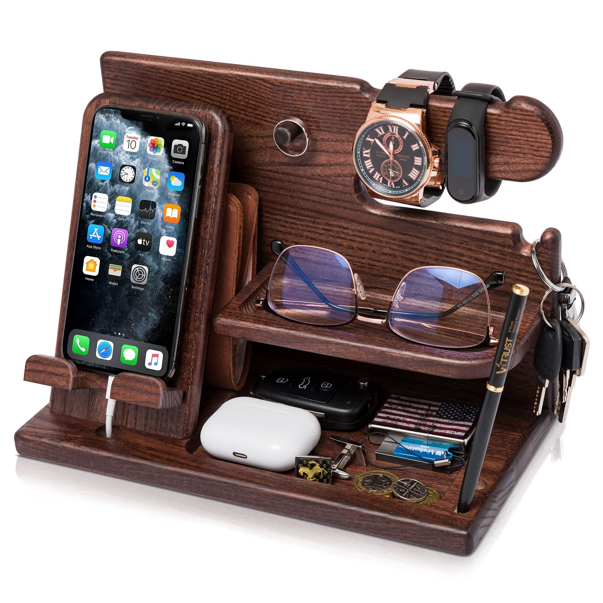 TESLYAR Handy Dockingstation & Schreibtisch Organizer Holz mit Handyständer Braun für Büro Aufbewahrung & Organisation/Schöne Männer Geschenke Geburtstag Herren Weihnachten