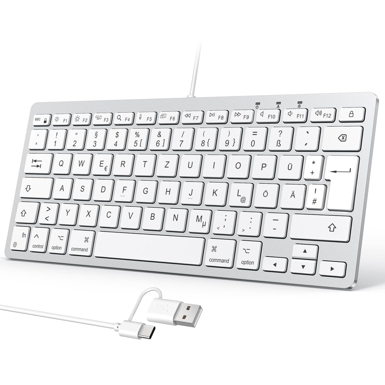 OMOTON Kabelgebundene-Mac-Tastatur, Tastatur Kabel mit Dualem Anschluss (Type C/USB), Flüsterleise Tasten & Stabiler Verbindung, Deutsches Layout (QWERTZ) kompatibel mit MacBook, iMac, Mac mini DE-Layout