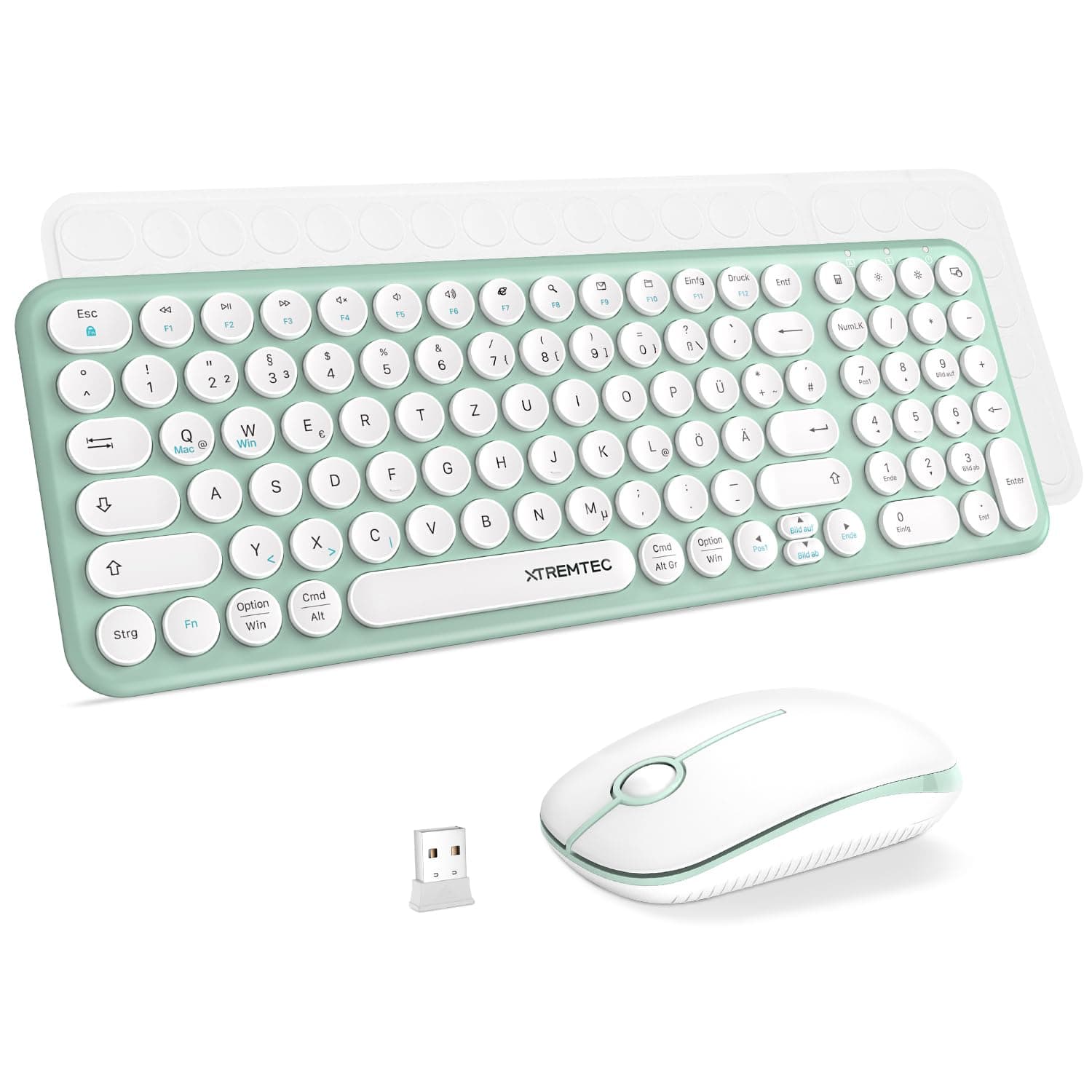XTREMTEC kabellose Tastatur und Maus,Retro runde Schreibmaschine Tastatur,Slim Funktastatur leise Set,USB 2.4GHz Verbindung,kompakte Tastatur für Laptop,iMac,Windows,PC(Grün-weis)-Deutsche Tastatur