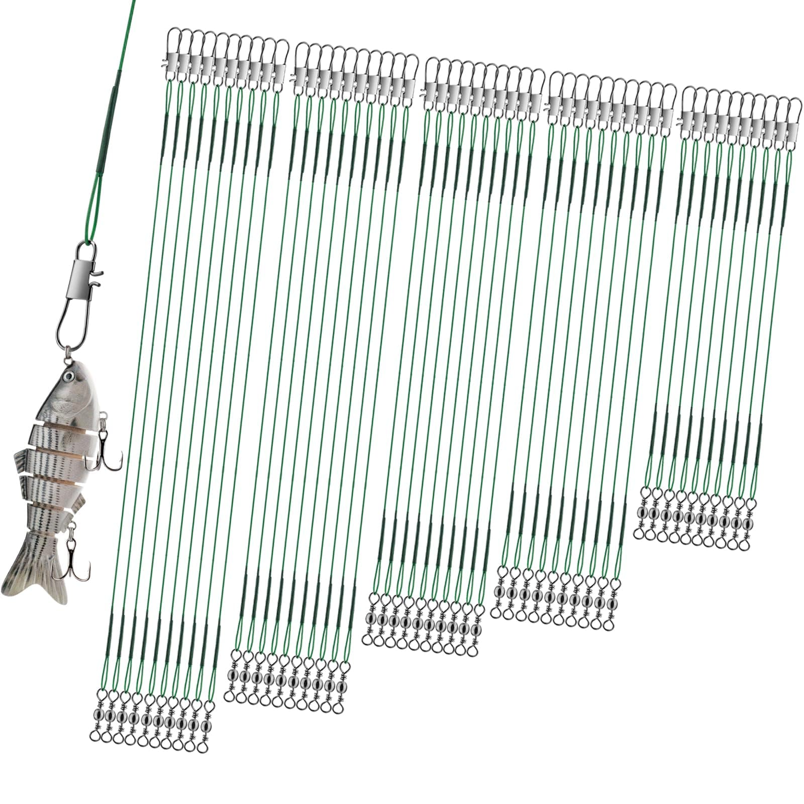 Realure 50 Stücke Stahlvorfach Hecht Angeln Set mit Wirbel & Snaps, 5größen Edelstahl Fischen Angelzubehör Raubfisch, Vorfach Angeln Vorfächer zum Spinnangeln, Vorfachschnur Für Salzwasser Süßwasser Green