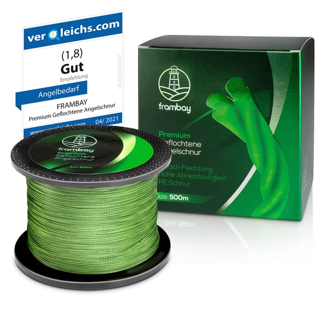 Frambay Geflochtene Angelschnur mit starker 4-Fach Flechtung I Angelschnur geflochten und flexibel I Fishing Line, Angelsehne, Angel Schnur - 500m & 150m Grün 150M - 0,23mm - 13KG