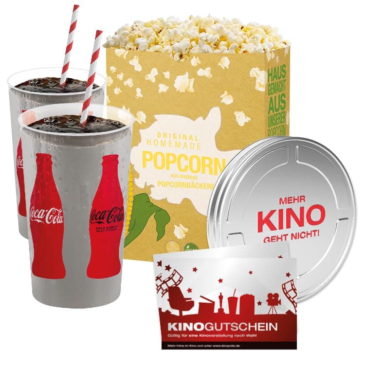 KINOPOLIS 2D Geschenkfilmdose : Kino zum Verschenken mit 2X Kinogutscheinen sowie Gutscheinen für 2X Softdrinks und 1x Snack-Gutschein für jeden Anlass als Erlebnisgeschenk