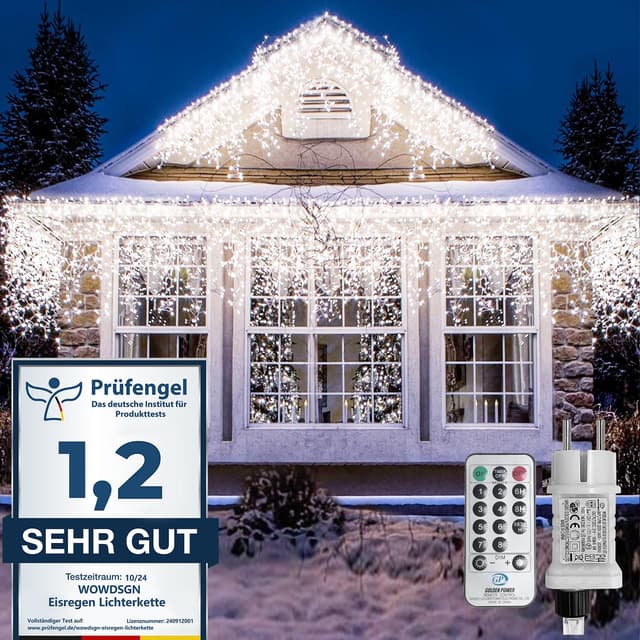 LED Eisregen Lichterkette Außen, WOWDSGN 10M 440LED Eiszapfen Lichterkette mit Timer 8 Modi IP44 wasserdicht Strombetrieben, Lichtervorhang für Weihnachten Dachkante Dachrinne Terrasse Balkon Kaltweiß Kaltweiß 10M 440LED