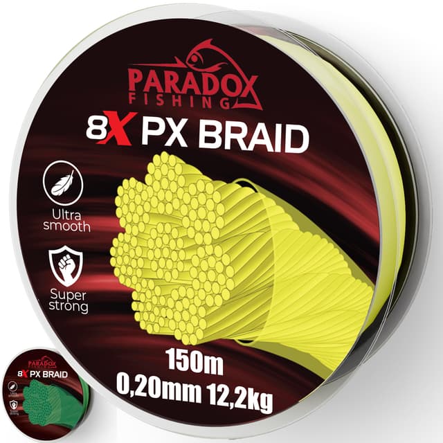 Paradox Fishing 8X PX geflochtene Angelschnur I 0,07mm-0,28mm 150m/500m – Angelschnur geflochten- eng geflochten – perfekt zum Spinnfischen Chartreuse gelb 150M - 0,20mm - 12,2kg