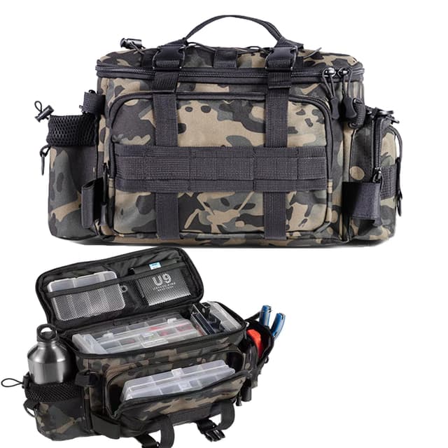 YUEMING Angeltasche, Fishing Angeltasche, Angelkoffer Forellen-Tasche Angeln mit gepolstertem Schultergurt und Tragegriffe Anglertasche, Allzwecktasche, Karpfentasche für Angler Camouflage