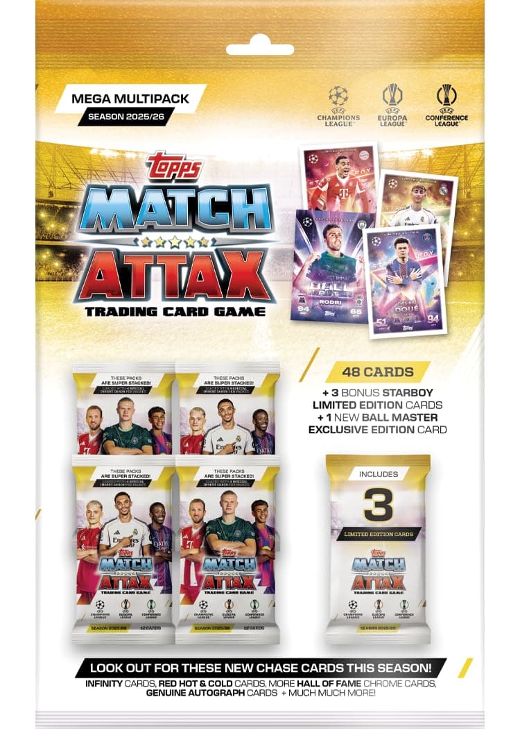 Topps UCC Match Attax 2025/26 - Mega Multipack - enthält 48 Match Attax Karten plus 3 zufällige Star Boy LE's und eine zufällige Ball Master LE-Karte