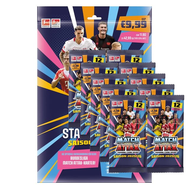Match Attax Bundesliga Sammelkarten 2025/26 | 1x Starterpack + 10 Booster | Großes Sammelset mit über 140 Karten inkl. Limited Editions | Fußball Trading Cards Kollektion
