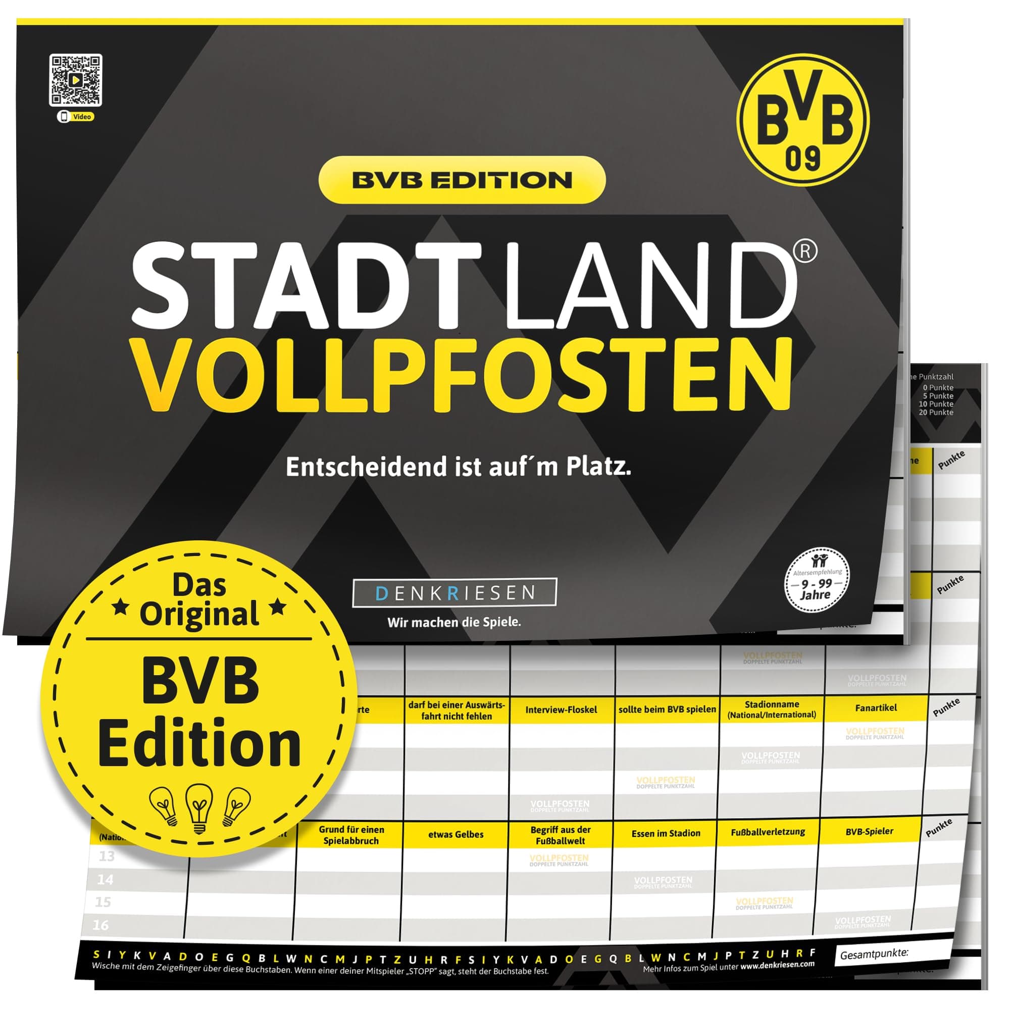 DENKRIESEN - Stadt Land VOLLPFOSTEN® - BVB Edition - 'Entscheidend ist auf'm Platz.' - DIN A4 Spielblock | ab 9 Jahren | 50 Blatt | BVB-Fanartikel | Borussia Dortmund | Fußballfans | Quiz Bvb Block