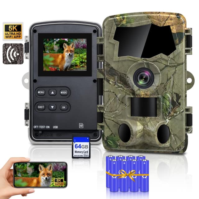 Lutranstra 5K Wildkamera WLAN, 64MP Full HD Wildkamera mit Handyübertragung App, Infrarot Wildtierkamera mit 64G SD Karte & 8*AA-Batterien, Bewegungssensor, Nachtsicht, 0,1s Auslösezeit, IP66 D909