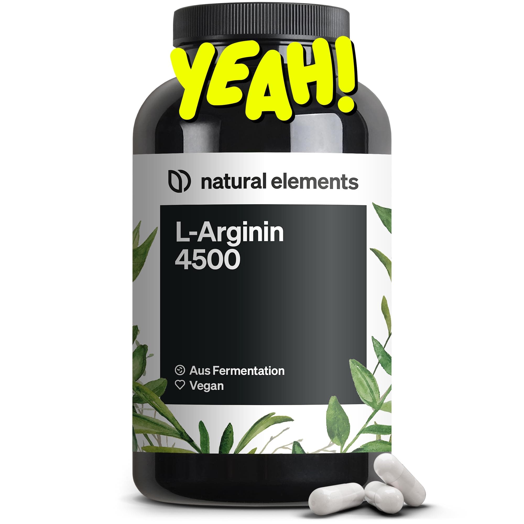 natural elements L-Arginin – 365 Kapseln – Hochdosiert: 4.500mg veganes L-Arginin HCL pro Tagesdosis (3.750mg reines L-Arginin) – hochdosiert – in Deutschland hergestellt & laborgeprüft