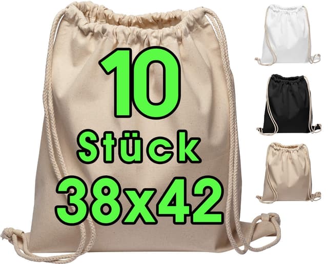 Baumwollbeutel - Turnbeutel 10 Stück 38x42 cm Sportbeutel mit Kordel - Rucksack, Beutel, Jutebeutel Oeko-TEX® geprüft Stoffbeutel Damen & Herren, Kinder - Gym Bag, blanko zum bemalen für Sport & Reise Natur