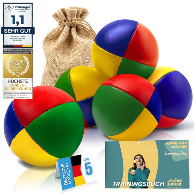 all Kids United® Jonglierbälle im 5er Set; Professionelles Jonglierball-Set im Jute-Beutel; Weiche Juggling Balls für Anfänger & Fortgeschrittene mit Gratis E-Book zum Trainieren