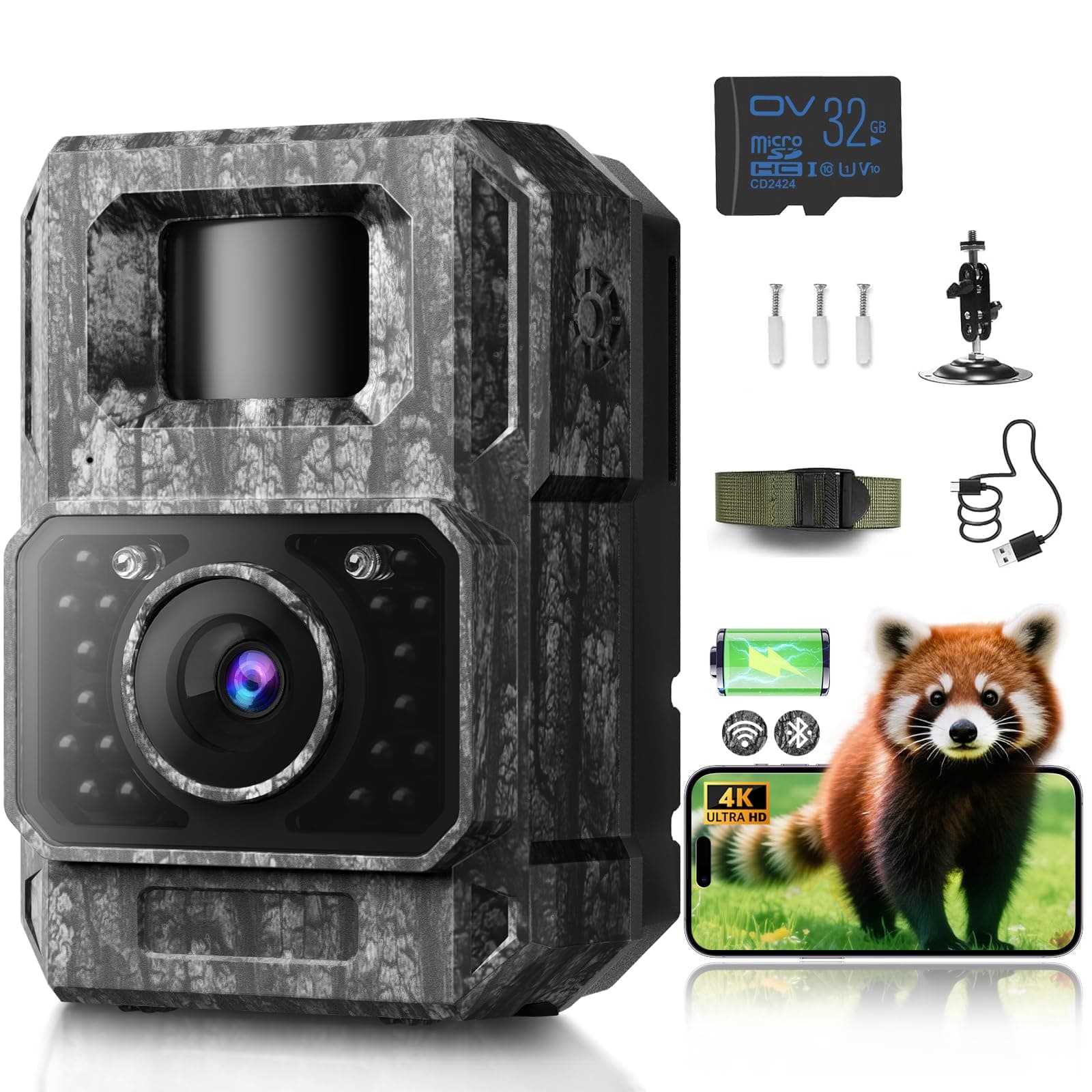 MAXDONE Wildkamera mit Handyübertragung APP - Wildtierkamera 4K 64MP HD mit WLAN Bluetooth Bewegungsmelder Nachtsicht, Wildkamera mit 6000mAh Akku, 0,1s Auslösezeit, 32GB Speicherkarte IP66