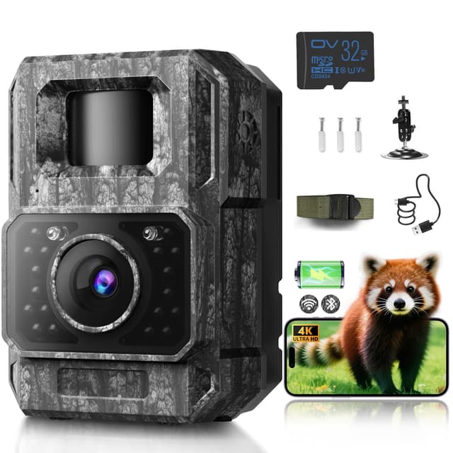 MAXDONE Wildkamera mit Handyübertragung APP - Wildtierkamera 4K 64MP HD mit WLAN Bluetooth Bewegungsmelder Nachtsicht, Wildkamera mit 6000mAh Akku, 0,1s Auslösezeit, 32GB Speicherkarte IP66