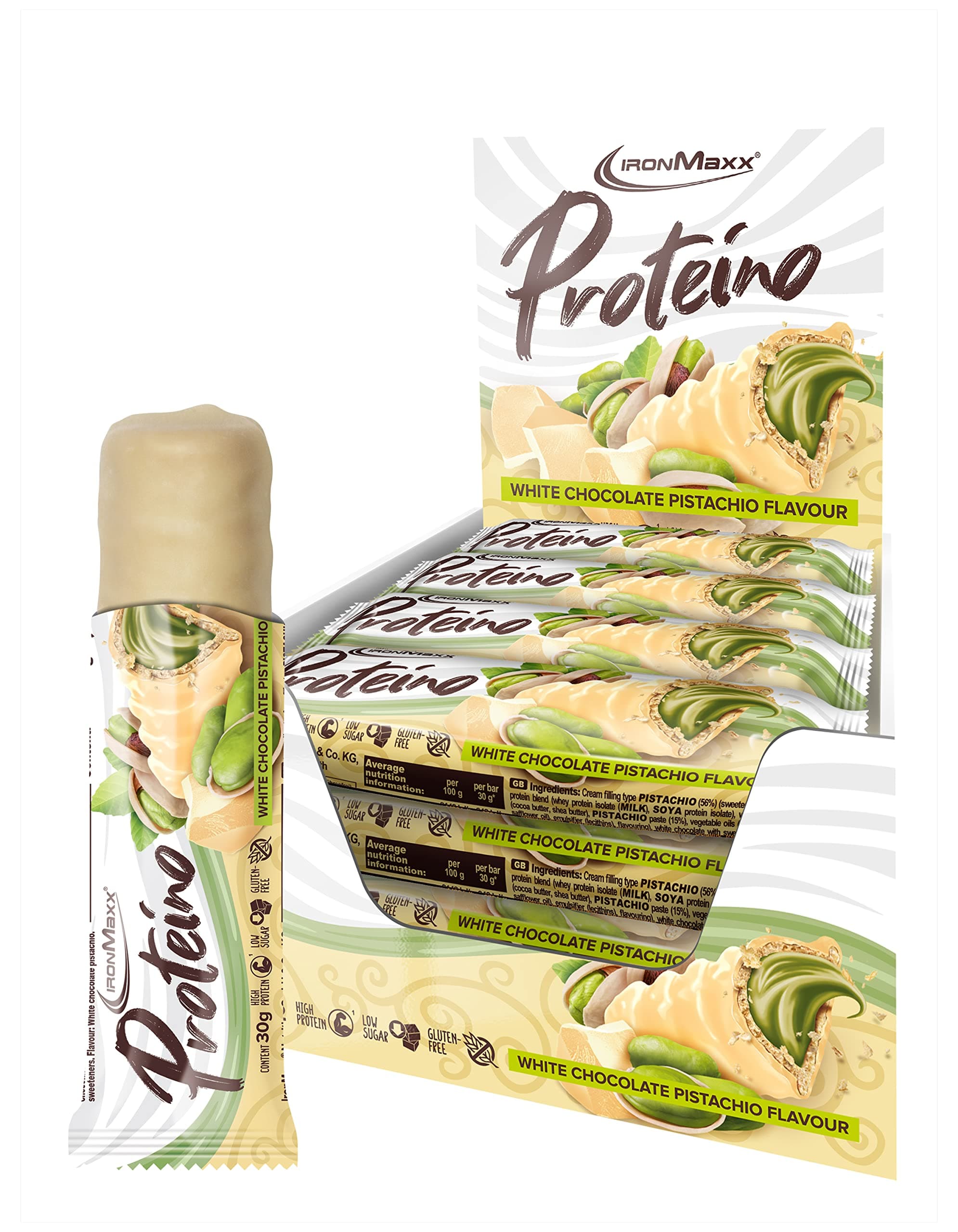 IronMaxx Proteino Proteinriegel 12x30g - White Chocolate Pistachio | High Protein Bar mit cremiger Füllung auf Waffelbasis | Zuckerreduziert glutenfrei palmölfrei Fitness Snack