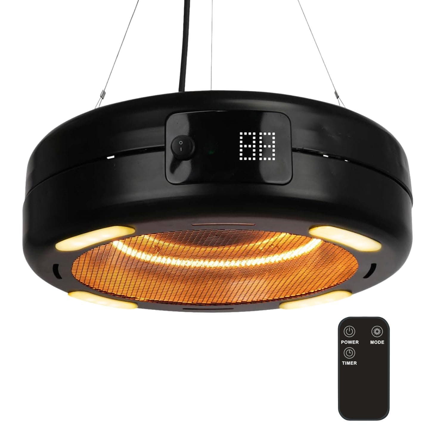 Home It® Hängender Terrassenheizer mit Carbonröhre und LED-Beleuchtung – 1500W, 3 Heizstufen, Fernbedienung, 24h Timer, IP34 Spritzwassergeschützt, Aluminium, 450mm Durchmesser
