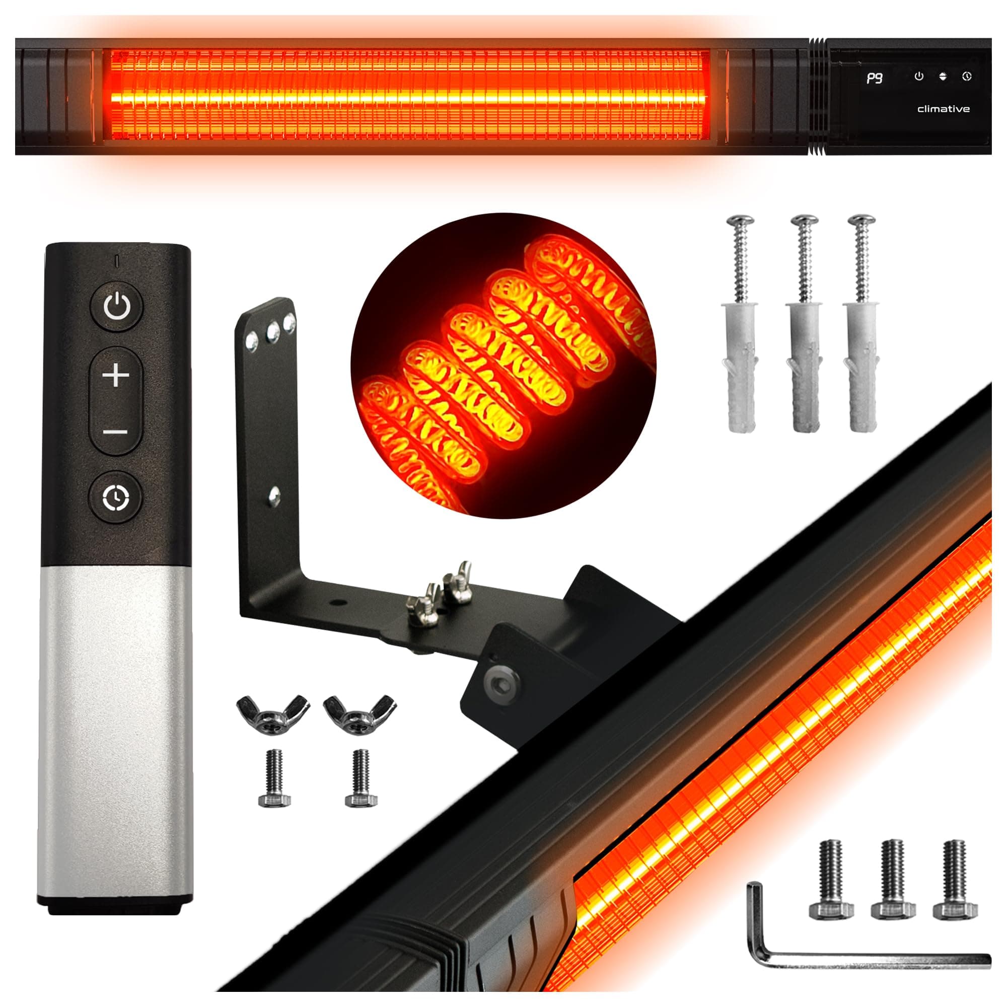 Climative Infrarot Heizstrahler Infrarotheizung 2500W RAY – Elektroheizung mit 9 Stufen, IP65 Terrassenheizer Outdoor, Heizstrahler Terrasse & Innenraum, Wandheizung, Fernbedienung & Timer, Schwarz