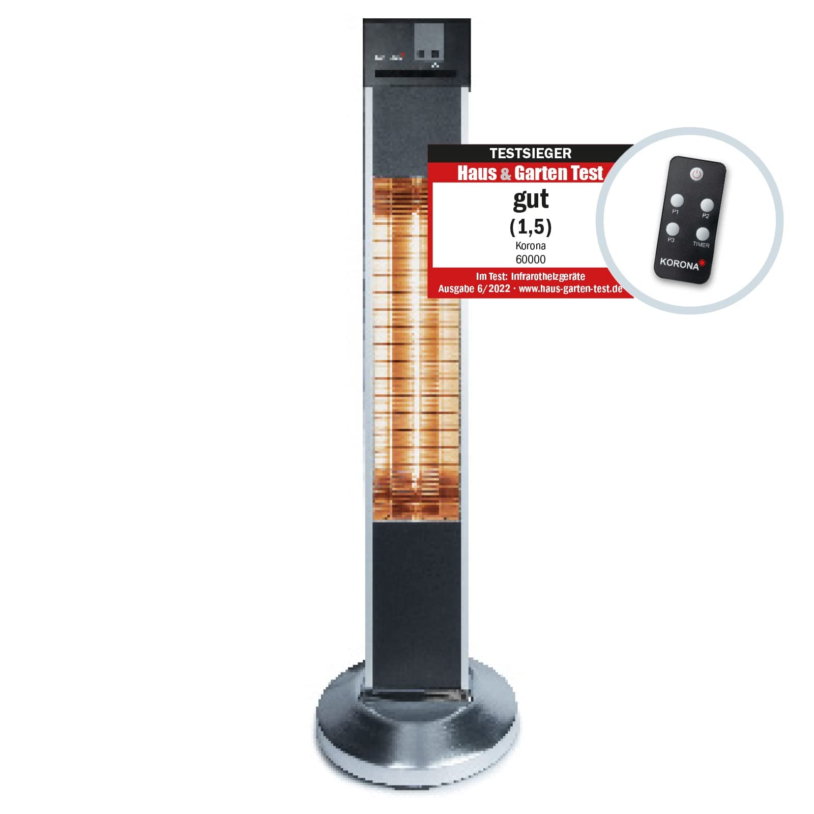 Korona 60000 Standheizstrahler Outdoor | Elektrisch | Für Terrasse, Balkon und Garten | Carbon-Heizelement | 2.000 Watt | Timer 24 Std. | Fernbedienung | Kippschutz