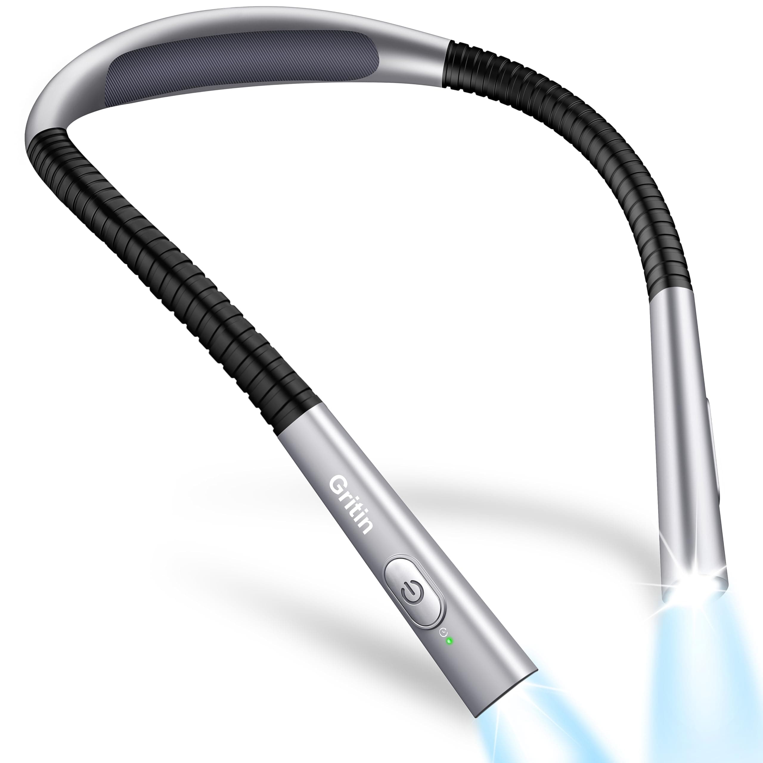 Gritin Leselampe Hals, Buchlampe Bett mit 4 Farben & 5 Helligkeit - Stufenlos Dimmbar, Augenschutz, Aufladbar 80h Dauer, Einstellarm, Ergonomisch Leselicht für Lesen im Bett/Stricken/Handarbeit Grau