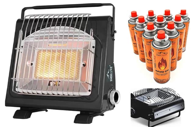 SMH LINE® 2in1 Tragbare Gasheizung Gaskocher + 4 Gaskartuschen 227g Camping Gasstrahler Heizung Outdoor Zelten Wohnwagen 1.7 KW Brenner Kocher + Butan Gas Gaskartuschen Keramik Heizstrahler Gasheizung mit 4x Gas