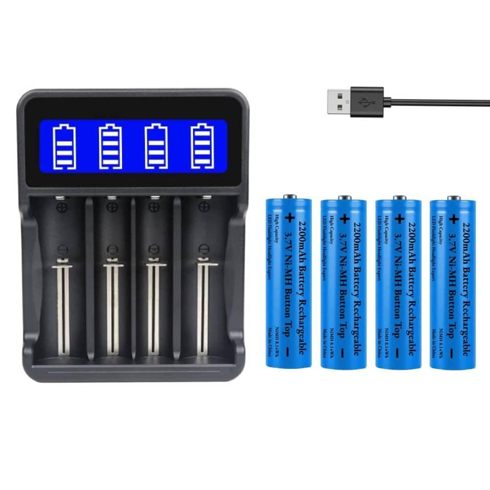 4 Stück Button Top 3,7V 2200mAh Akkus NiMH Wiederaufladbarer mit 18650 Batterieladegerät, 3,7 Volt Batterie + USB Batterie Ladegeräte für Taschenlampe/Stirnlampen/Kamera/Kleinen Lüfter, Nicht AA/AAA