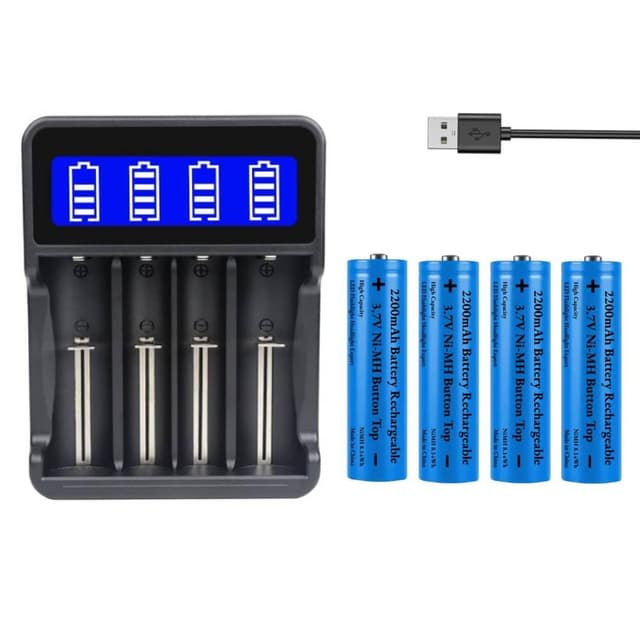 4 Stück Button Top 3,7V 2200mAh Akkus NiMH Wiederaufladbarer mit 18650 Batterieladegerät, 3,7 Volt Batterie + USB Batterie Ladegeräte für Taschenlampe/Stirnlampen/Kamera/Kleinen Lüfter, Nicht AA/AAA