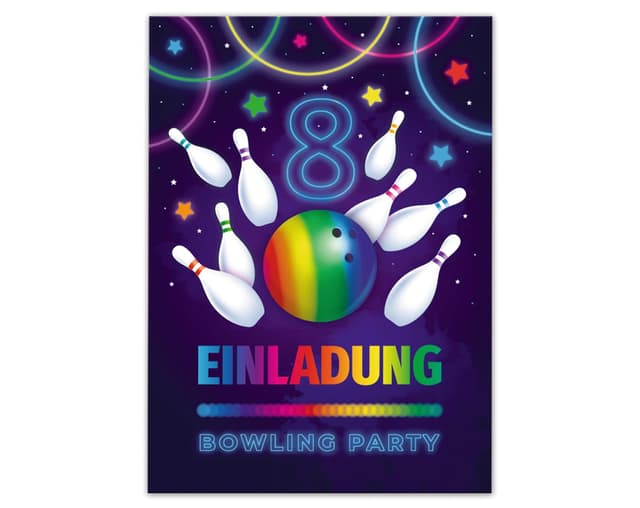 12 Einladungskarten zum 8. Kindergeburtstag Bowling Kegeln Jungen Mädchen Einladungen achte Geburtstag Kinder Karten 12-er Set