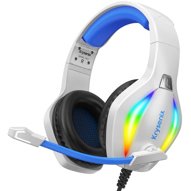 Krysenix PG1 RGB Gaming Headset für PS4, PS5, PC, Nintendo Switch, Xbox one, Headset mit Mikrofon, Gaming Kopfhörer mit Mikrofon, Noise Cancelling Kopfhörer mit 3.5mm Klinke Weiß/Blau
