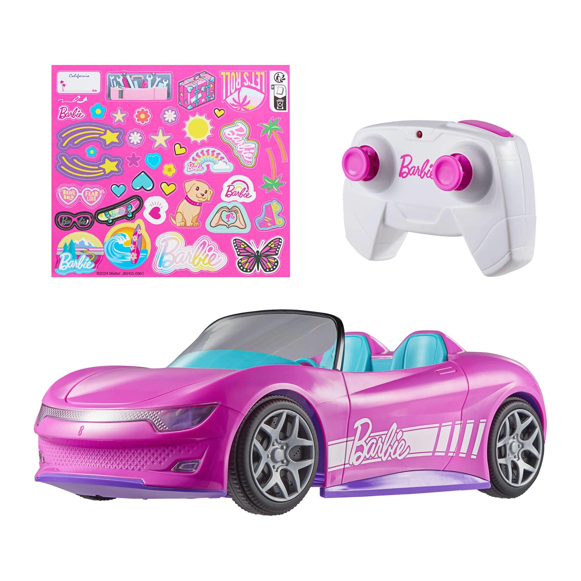 Hot Wheels Barbie Spielzeugauto, ferngesteuertes pinkfarbenes Cabrio, Platz für 2 Barbie-Puppen und Kofferraum lässt sich zum Aufbewahren öffnen, Stickerbogen für Gestaltungsmöglichkeiten, JBH05 Angebot bei HelloDeals