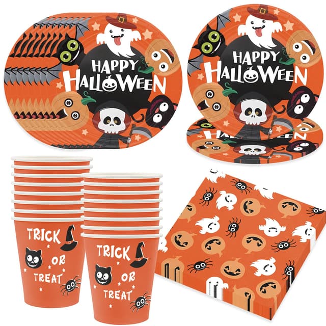 Bikasun Halloween Partygeschirr Set, 16 Gäste Halloween Party Geschirr Teller Set, Teller Becher Servietten Pappteller Party Deko für Kinder Halloween A