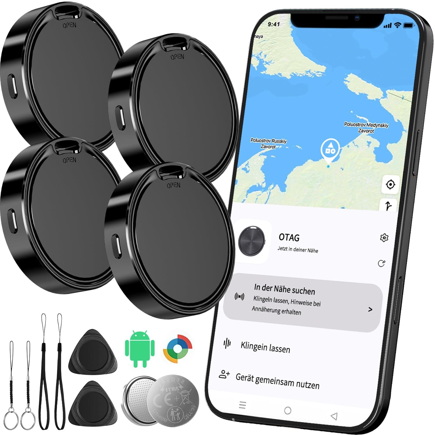 Tracker Android Smart Tag Android Air Android Tag Schlüsselfinder kompatibel mit Google Finden Hub APP (Android NUR) IP67 Android Tracker Bluetooth KeyFinder für Koffer/Gepäck/Brieftasche 4pcs-Schwarz