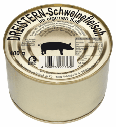 DREISTERN Schweinefleisch im eigenen Saft 400g I Mit Schweineschwarte I Herzhafte Spezialität in recyclebarer Goldlackdose I Lange Haltbarkeit dank natürlicher Konservierung I Hausmacher Qualität 400 g (1er Pack)