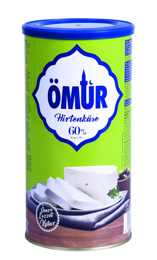 Ömür Hirtenkäse - 1x 800g Metalldose - Käse in Salzlake Kuhkäse Weichkäse cremig Käse Süzme Beyaz Peynir Cow Cheese 60% Fett i. Tr. 100% Kuhmilch mikrobielles Lab vegetarisch glutenfrei Halal Honig 800 g (1er Pack)