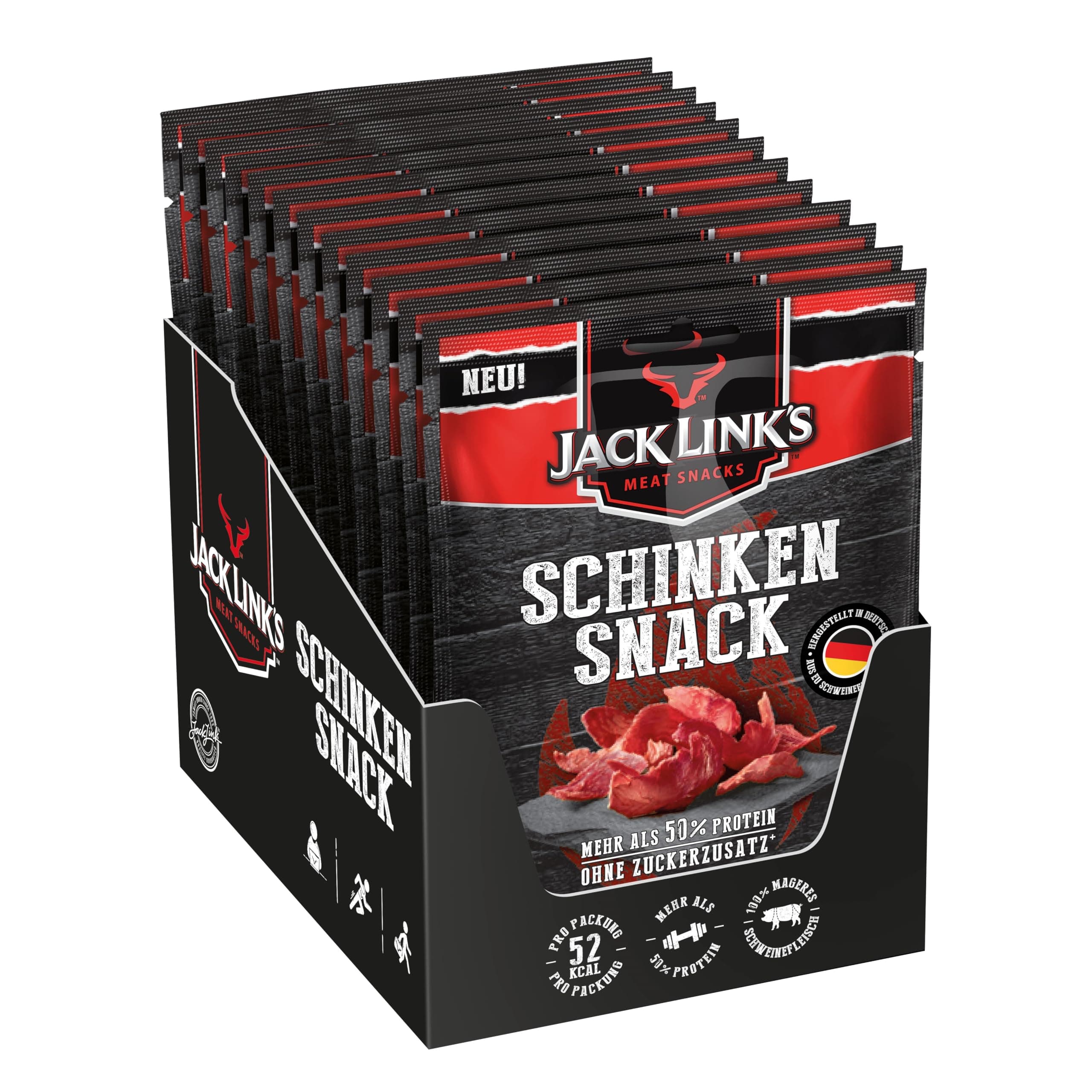 Jack Link’s Schinkensnack - 12er Pack (12 x 25g) - Proteinreicher Fleisch Snack aus Schweinefleisch - High Protein Snack für Gym, Fitness, Outdoor - Herzhaftes Trockenfleisch aus Deutschland