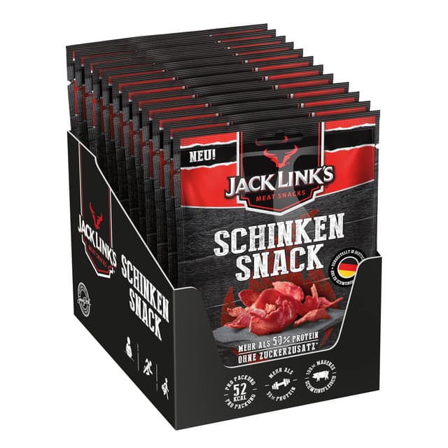 Jack Link’s Schinkensnack - 12er Pack (12 x 25g) - Proteinreicher Fleisch Snack aus Schweinefleisch - High Protein Snack für Gym, Fitness, Outdoor - Herzhaftes Trockenfleisch aus Deutschland