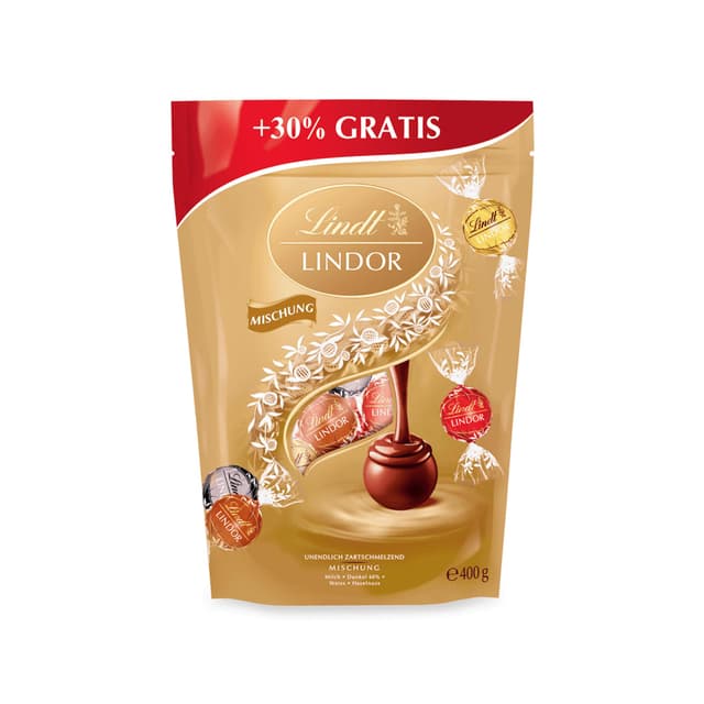Lindt Schokolade LINDOR Kugeln Mischung | 399g | Ca. 30 Schokoladen Kugeln Vollmilch-, weiße und dunkle Schokolade mit zartschmelzender Füllung | Pralinengeschenk | Schokoladengeschenk