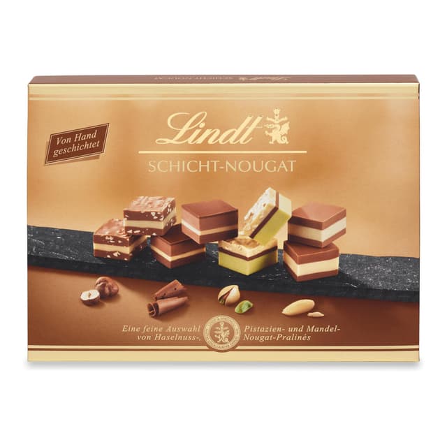 Lindt Schokolade - Schicht Pralinen | 125 g | Pralinés-Schachtel mit 12 von Hand geschichteten Mandel-, Haselnuss- und Pistazien-Nougat Spezialitäten | Pralinengeschenk | Schokoladengeschenk Mandel,Schokolade 125 g (1er Pack)