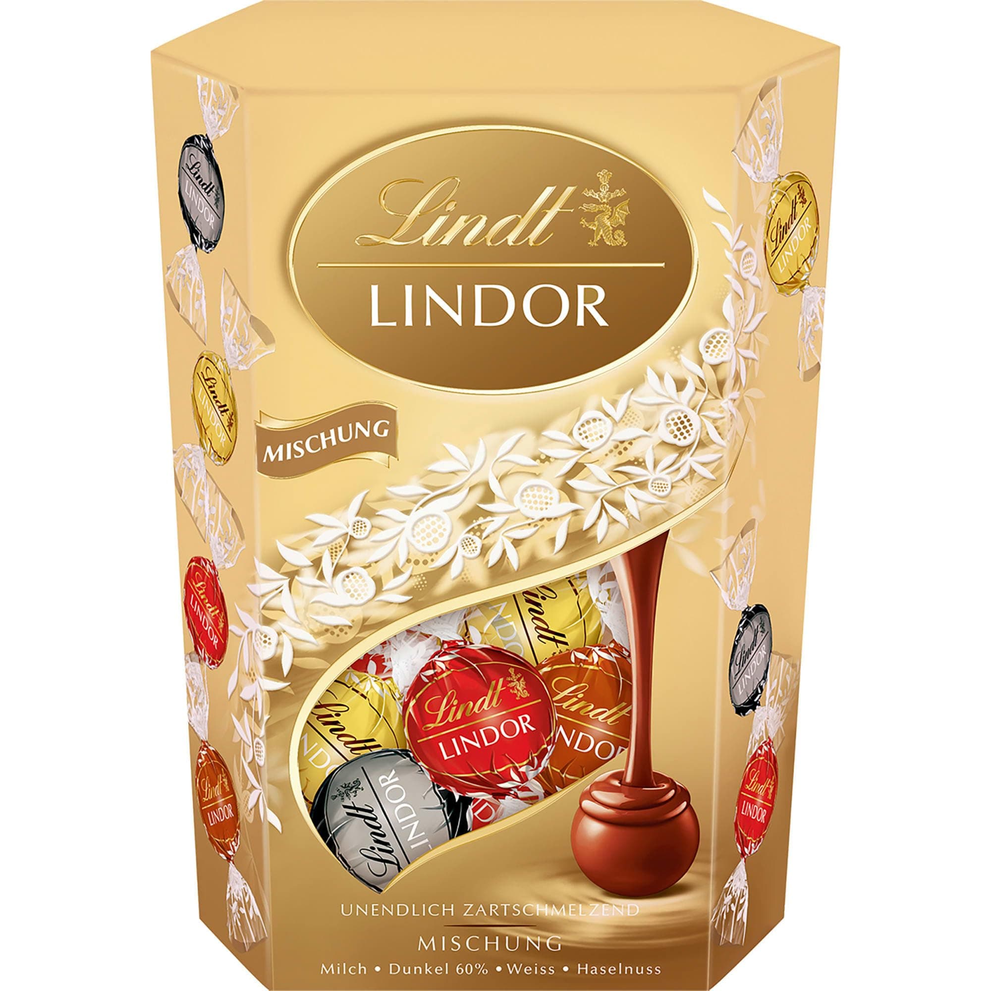 Lindt Schokolade LINDOR Kugeln Mischung | 500 g | 38 Kugeln mit zartschmelzender Füllung (Vollmilch, Weiß, Dark und Haselnuss) im süßen Cornet | Pralinen Geschenk | Schokoladen Geschenk Mischung 500g