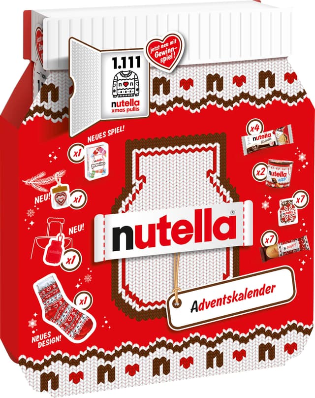 Nutella Adventskalender 2025, eine Schokoladen-Adventskalender-Alternative mit 24 festlichen Leckereien und nutella Mini-Geschenken für Kinder und Erwachsene