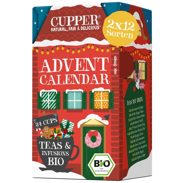 Cupper Bio Tee Adventskalender 2025, Geschenk Weihnachten, Weihnachtskalender ohne Schokolade mit 24 Teebeuteln, 2x12 Sorten, zwei neue exklusive Sorten