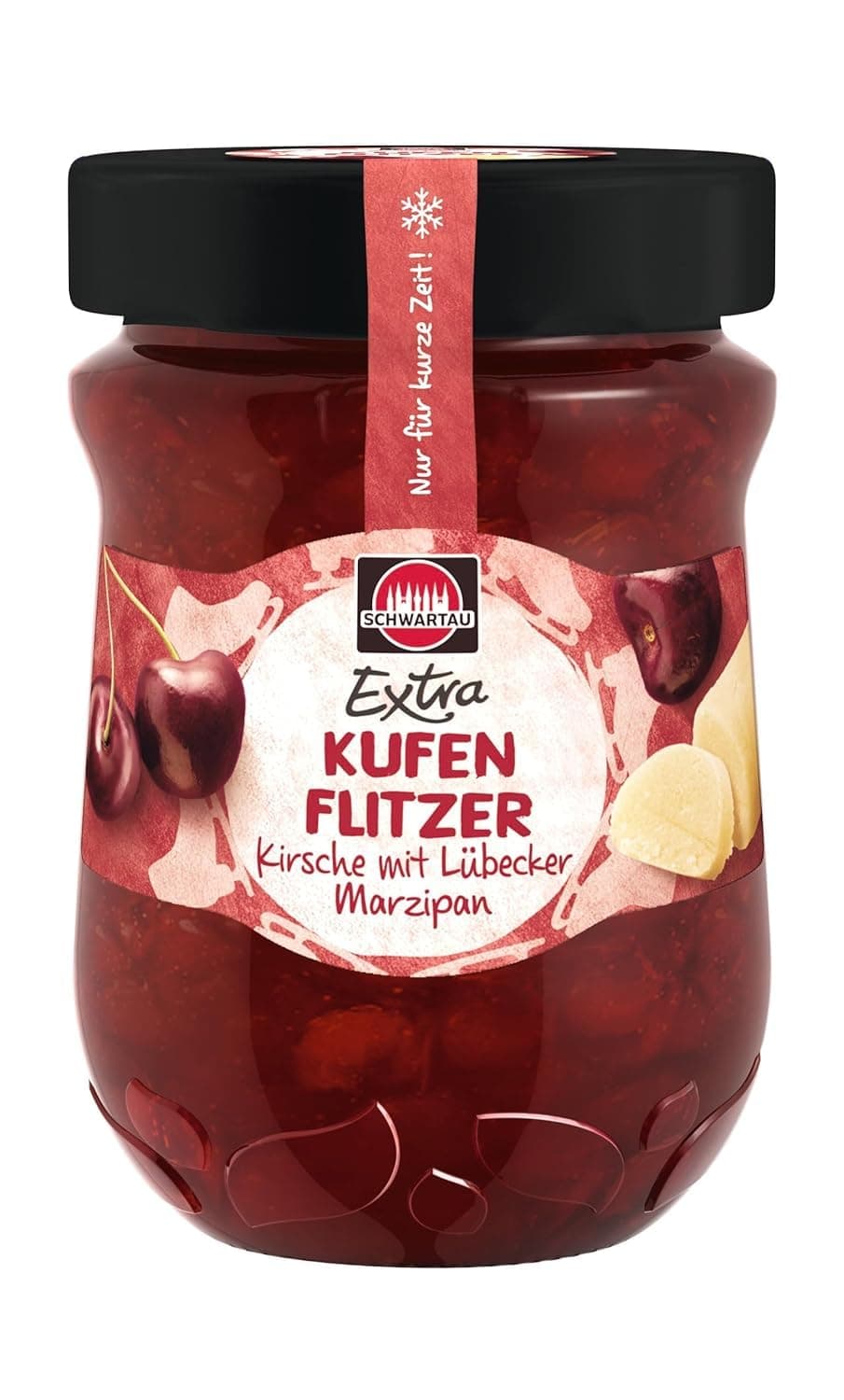 Schwartau Extra Kufenflitzer Kirsche mit Lübecker Marzipan | Winterkonfitüre mit Kirschen & feinstem Marzipan | Für ein besinnliches Frühstück & festliche Backideen | Genuss im 340 g Glas