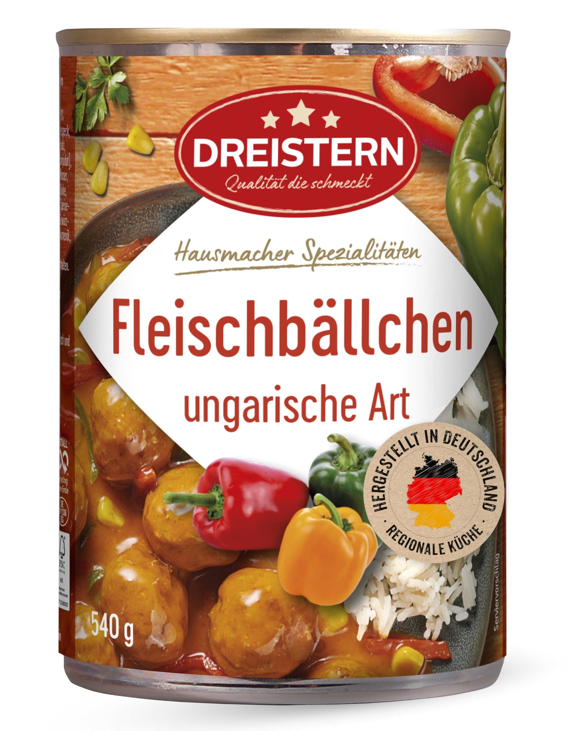 DREISTERN Fleischbällchen 540g I Mit Schweinefleisch in Paprikasauce I Herzhafte Spezialität in recyclebarer Konservendose I Lange Haltbarkeit dank natürlicher Konservierung I Hausmacher Qualität