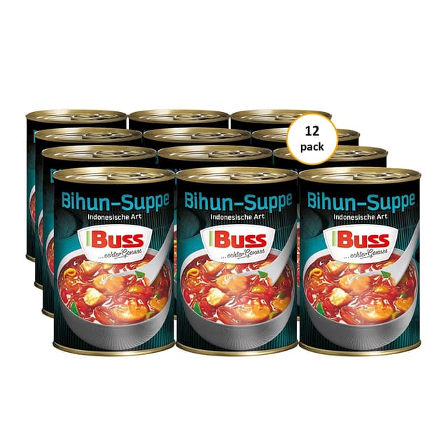 Buss Asia Suppen - Bihunsuppe Original nach indonesischer Art - Milde Asia Suppe mit Paprika, Hühnerfleisch und Glasnudeln - Schnelle Fertiggerichte zum Aufwärmen in Mikrowelle & Topf - 12 x 400g Bihun Suppe