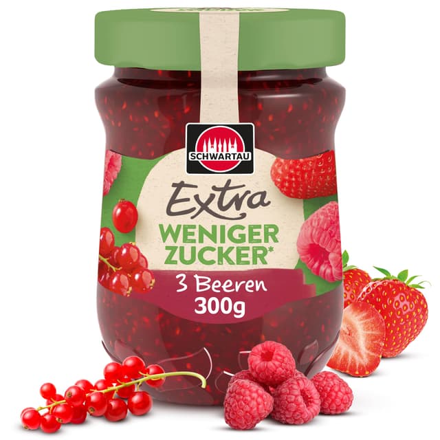 Schwartau Extra Weniger Zucker 3 Beeren passiert, zuckerreduzierter Fruchtaufstrich, 300g