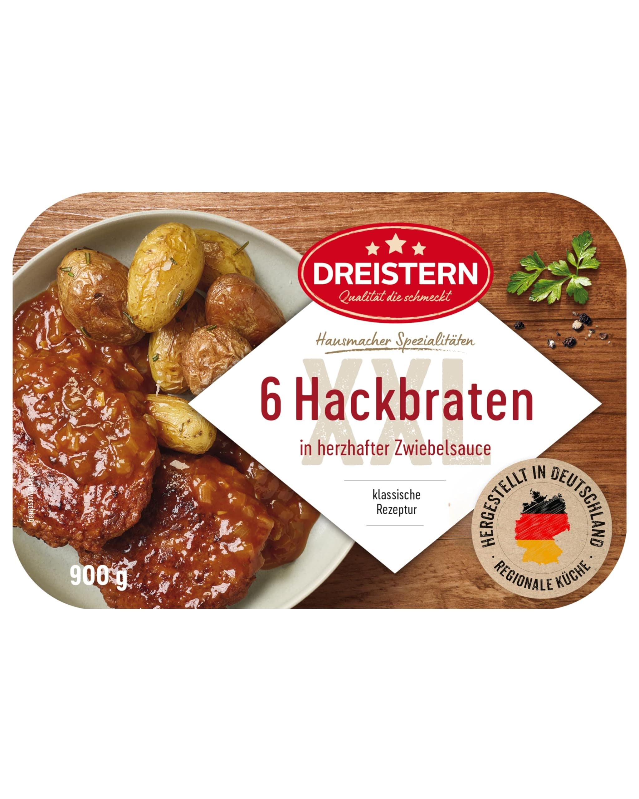 DREISTERN Hackbraten 900g I Mit würziger Zwiebelsauce I Herzhaftes Fertiggericht in Mikrowellenschale I Lange Haltbarkeit dank natürlicher Konservierung I Hausmacher Qualität 900 g (1er Pack) Single